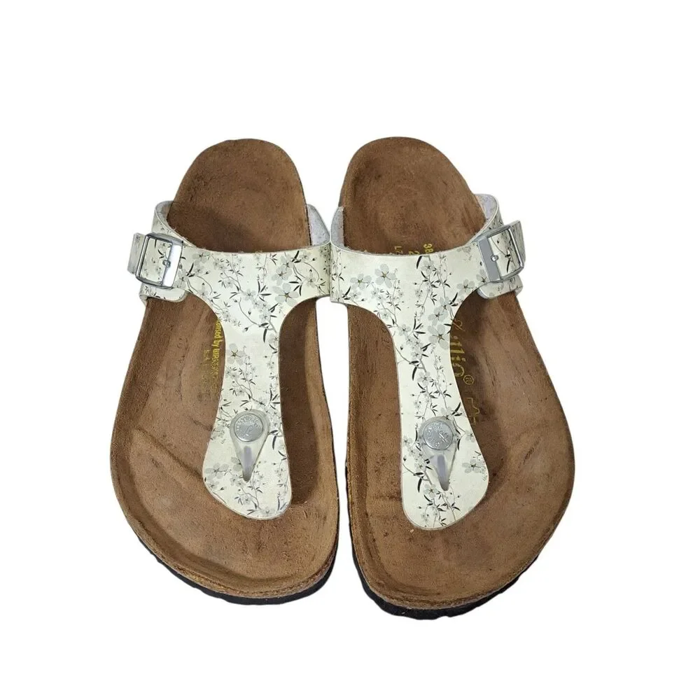 Birkenstock Papillio Women's Gizeh  White Gray Black Floral Comfort Sandals 38